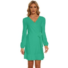 Mint Leaf Green	 - 	long Sleeve Waist Tie Ruffle Velvet Dress