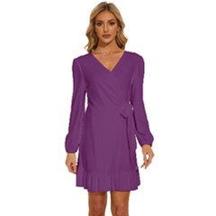 Midnight Purple	 - 	long Sleeve Waist Tie Ruffle Velvet Dress