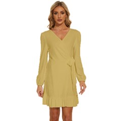 Misted Yellow	 - 	long Sleeve Waist Tie Ruffle Velvet Dress