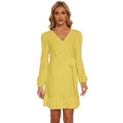 Naples Yellow	 - 	long Sleeve Waist Tie Ruffle Velvet Dress