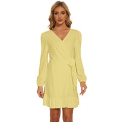 Parmesan Yellow	 - 	long Sleeve Waist Tie Ruffle Velvet Dress