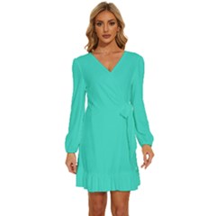 Turquoise	 - 	long Sleeve Waist Tie Ruffle Velvet Dress