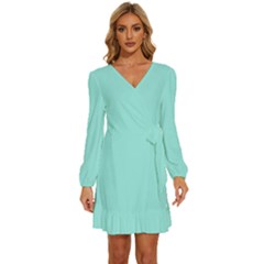 Soft Turquoise	 - 	long Sleeve Waist Tie Ruffle Velvet Dress