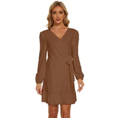 Sepia Brown	 - 	long Sleeve Waist Tie Ruffle Velvet Dress