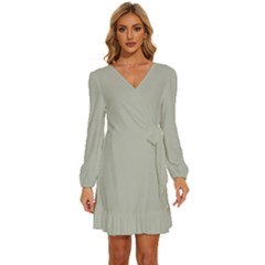 Silver Cloud Grey	 - 	long Sleeve Waist Tie Ruffle Velvet Dress