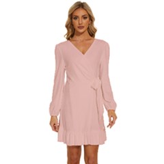 Spanish Pink	 - 	long Sleeve Waist Tie Ruffle Velvet Dress