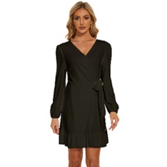 Smokey Black	 - 	long Sleeve Waist Tie Ruffle Velvet Dress