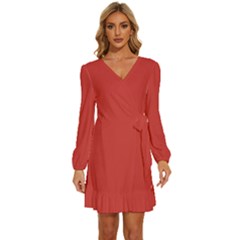 Madder Lake	 - 	long Sleeve Waist Tie Ruffle Velvet Dress