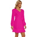 Magenta Pink	 - 	Long Sleeve Waist Tie Ruffle Velvet Dress View3