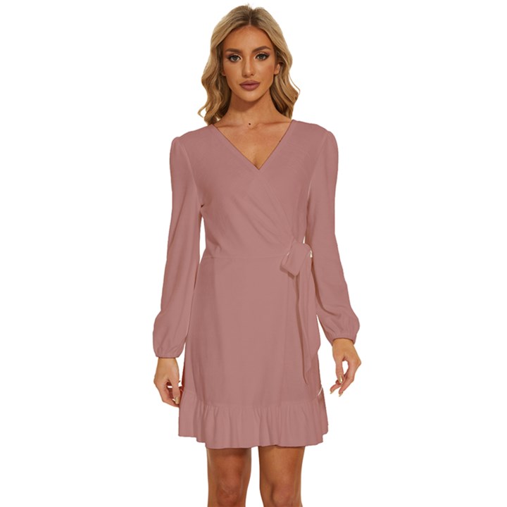 Old Rose	 - 	Long Sleeve Waist Tie Ruffle Velvet Dress