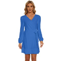 Celtic Blue	 - 	long Sleeve Waist Tie Ruffle Velvet Dress