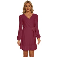 Claret	 - 	long Sleeve Waist Tie Ruffle Velvet Dress