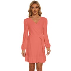 Coral Essence	 - 	long Sleeve Waist Tie Ruffle Velvet Dress