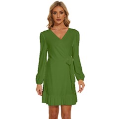 Dark Moss Green	 - 	long Sleeve Waist Tie Ruffle Velvet Dress