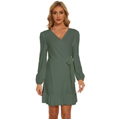 Feldgrau	 - 	long Sleeve Waist Tie Ruffle Velvet Dress