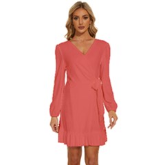 Hot Coral	 - 	long Sleeve Waist Tie Ruffle Velvet Dress