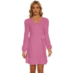 Thulian Pink	 - 	long Sleeve Waist Tie Ruffle Velvet Dress