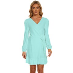 Italian Sky Blue	 - 	long Sleeve Waist Tie Ruffle Velvet Dress