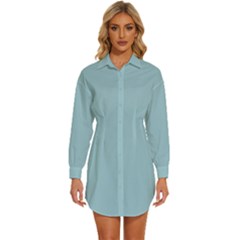 Aqua Marine Blue	 - 	long Sleeve Shirt Dress