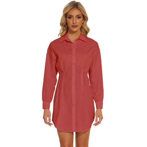 English Vermillion Red	 - 	long Sleeve Shirt Dress by ColorfulDresses