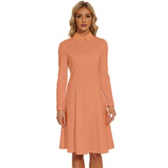 Atomic Tangerine Orange	 - 	long Sleeve Shirt Collar A-line Dress