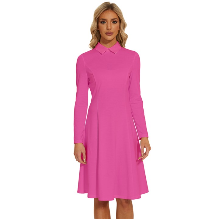 Brilliant Rose Pink	 - 	Long Sleeve Shirt Collar A-Line Dress