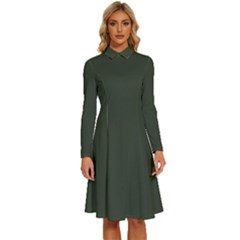 Kombu Green	 - 	long Sleeve Shirt Collar A-line Dress by ColorfulDresses