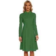 Medium Forest Green	 - 	long Sleeve Shirt Collar A-line Dress