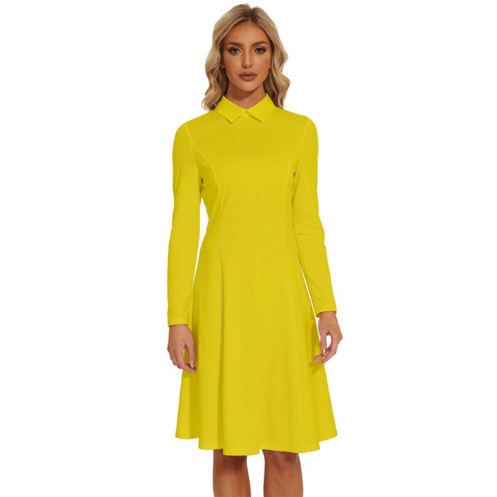 Bumblebee Yellow	 - 	Long Sleeve Shirt Collar A-Line Dress