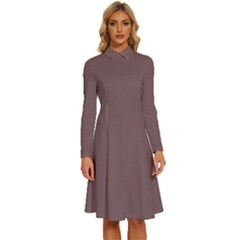 Deep Taupe	 - 	long Sleeve Shirt Collar A-line Dress by ColorfulDresses