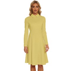 Macaroon Yellow	 - 	long Sleeve Shirt Collar A-line Dress by ColorfulDresses