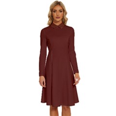 Sangria Red	 - 	long Sleeve Shirt Collar A-line Dress by ColorfulDresses