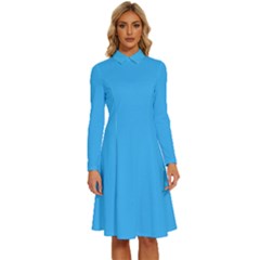 Deep Sky Blue	 - 	long Sleeve Shirt Collar A-line Dress by ColorfulDresses