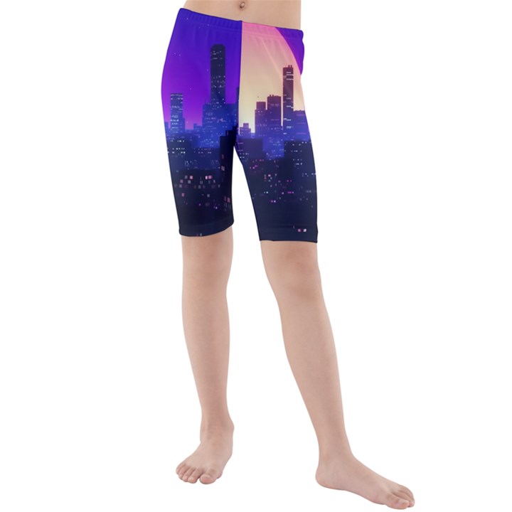 The Sun Night Music The City Background 80s 80 s Synth Kids  Mid Length Swim Shorts