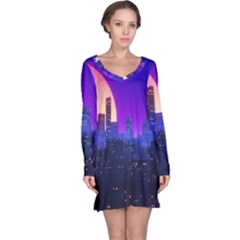 The Sun Night Music The City Background 80s 80 s Synth Long Sleeve Nightdress