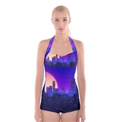 The Sun Night Music The City Background 80s 80 s Synth Boyleg Halter Swimsuit 