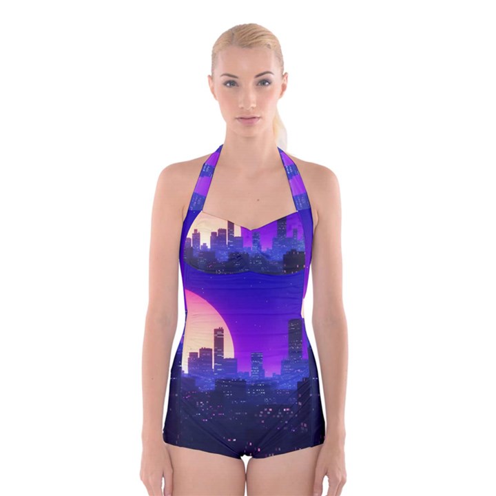 The Sun Night Music The City Background 80s 80 s Synth Boyleg Halter Swimsuit 