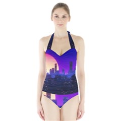 The Sun Night Music The City Background 80s 80 s Synth Halter Swimsuit