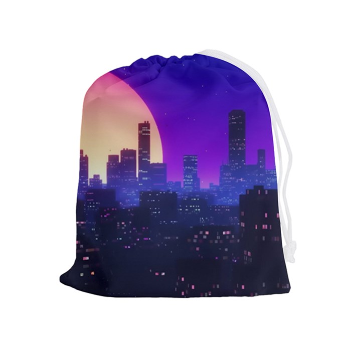 The Sun Night Music The City Background 80s 80 s Synth Drawstring Pouch (XL)