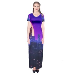 The Sun Night Music The City Background 80s 80 s Synth Short Sleeve Maxi Dress