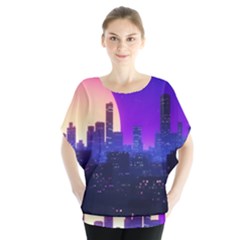 The Sun Night Music The City Background 80s 80 s Synth Batwing Chiffon Blouse