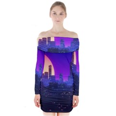 The Sun Night Music The City Background 80s 80 s Synth Long Sleeve Off Shoulder Dress by Jancukart