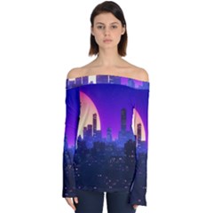 The Sun Night Music The City Background 80s 80 s Synth Off Shoulder Long Sleeve Top by Jancukart