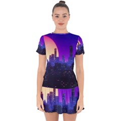 The Sun Night Music The City Background 80s 80 s Synth Drop Hem Mini Chiffon Dress