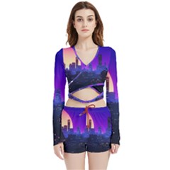 The Sun Night Music The City Background 80s 80 s Synth Velvet Wrap Crop Top And Shorts Set