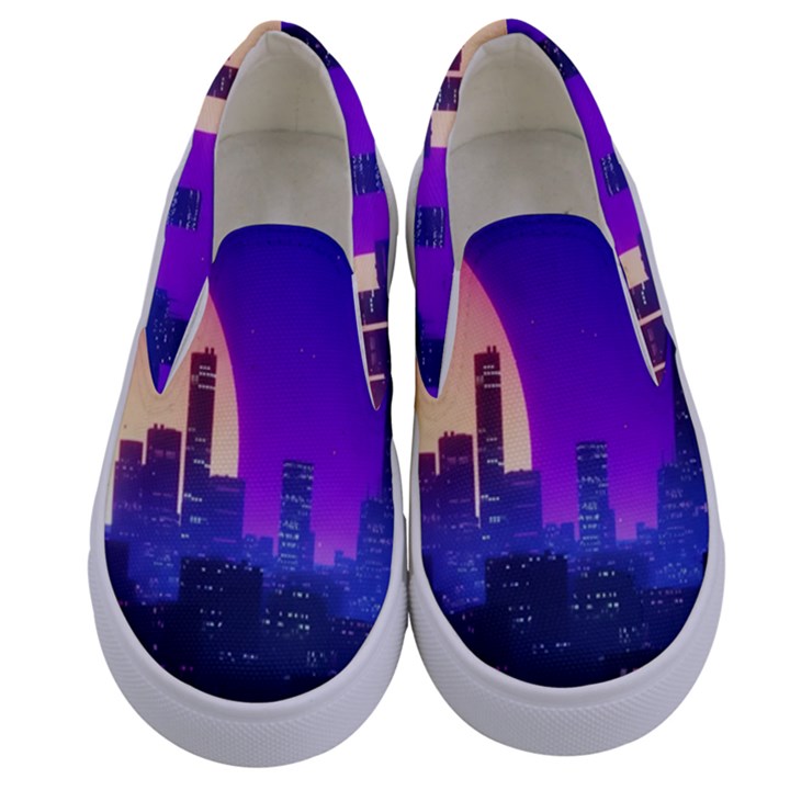 The Sun Night Music The City Background 80s 80 s Synth Kids  Canvas Slip Ons