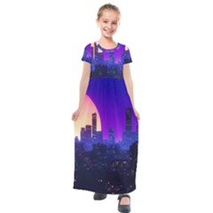 The Sun Night Music The City Background 80s 80 s Synth Kids  Short Sleeve Maxi Dress