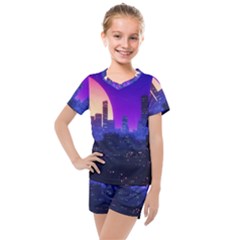 The Sun Night Music The City Background 80s 80 s Synth Kids  Mesh Tee And Shorts Set