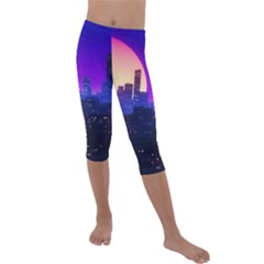 The Sun Night Music The City Background 80s 80 s Synth Kids  Lightweight Velour Capri Leggings 