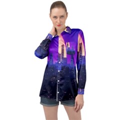 The Sun Night Music The City Background 80s 80 s Synth Long Sleeve Satin Shirt